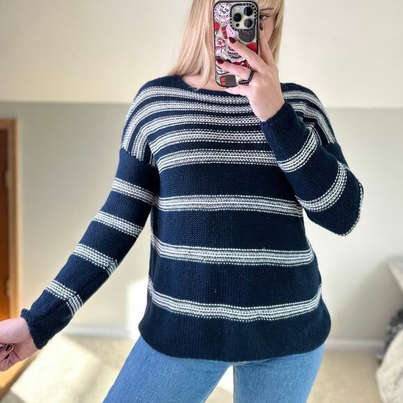 Vince: Navy Striped Knit Crew Neck Sweater - Picture 10 of 10